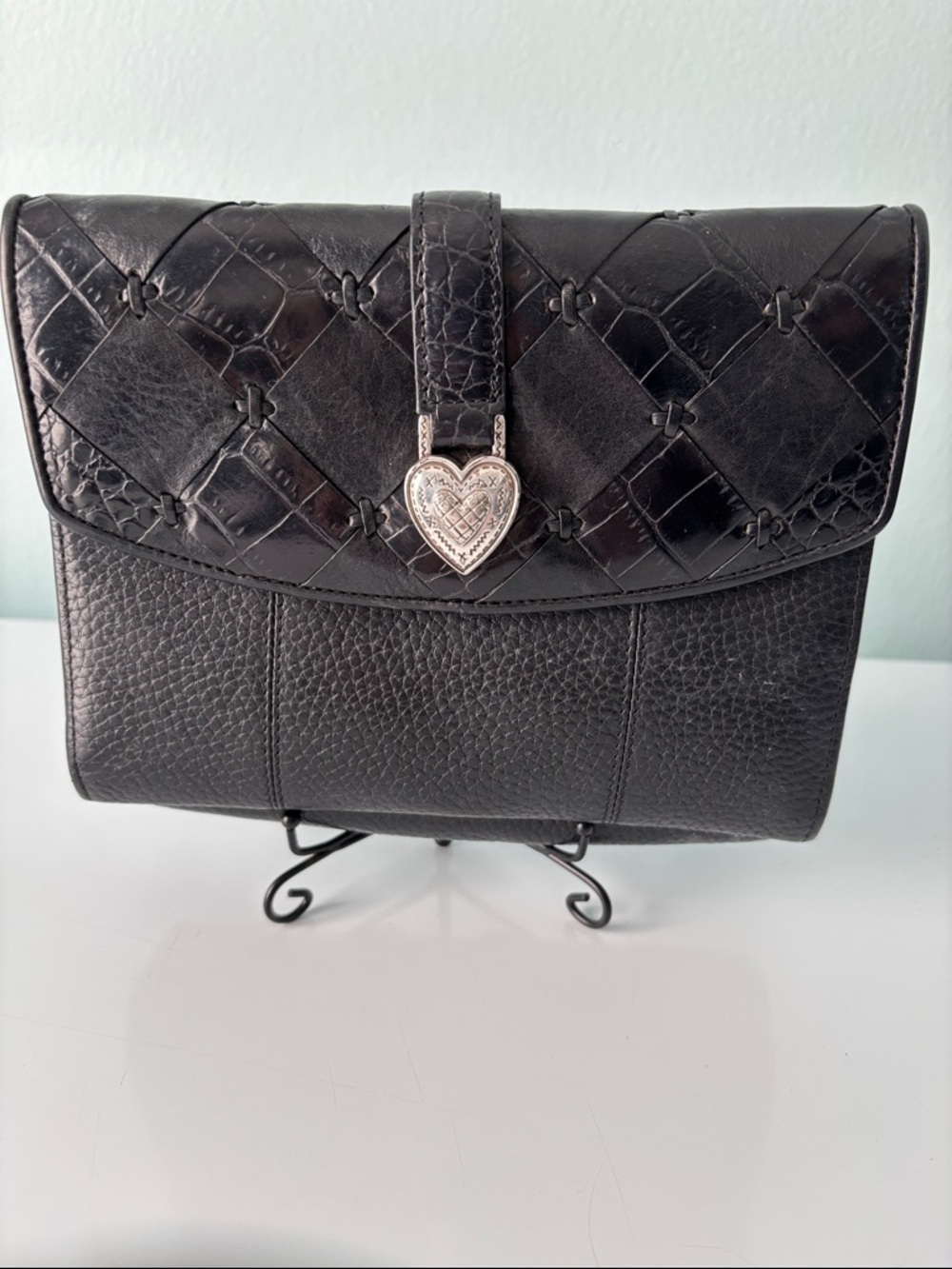 Brighton Black Quilted & Pebbled Leather Heart Lock Crossbody/Clutch